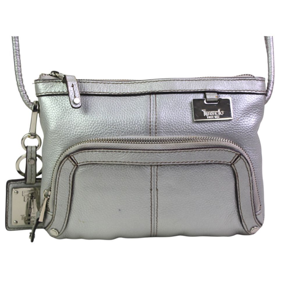 Tignanello SILVER GENUINE LEATHER ORGANIZER X-BODY SHOULDER BAG HANDBAG PURSE